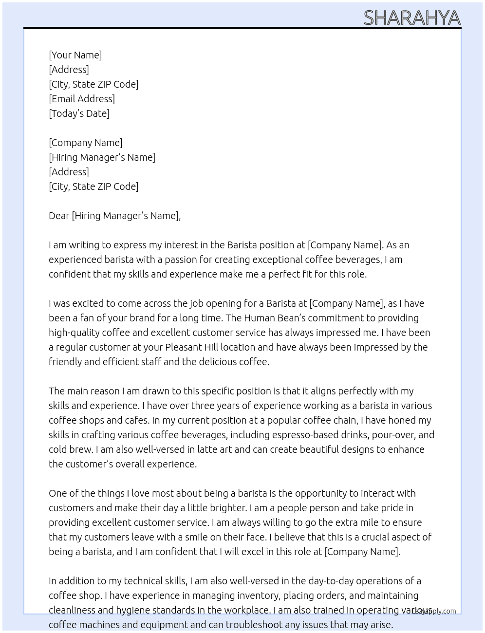 barista At the human bean Cover Letter