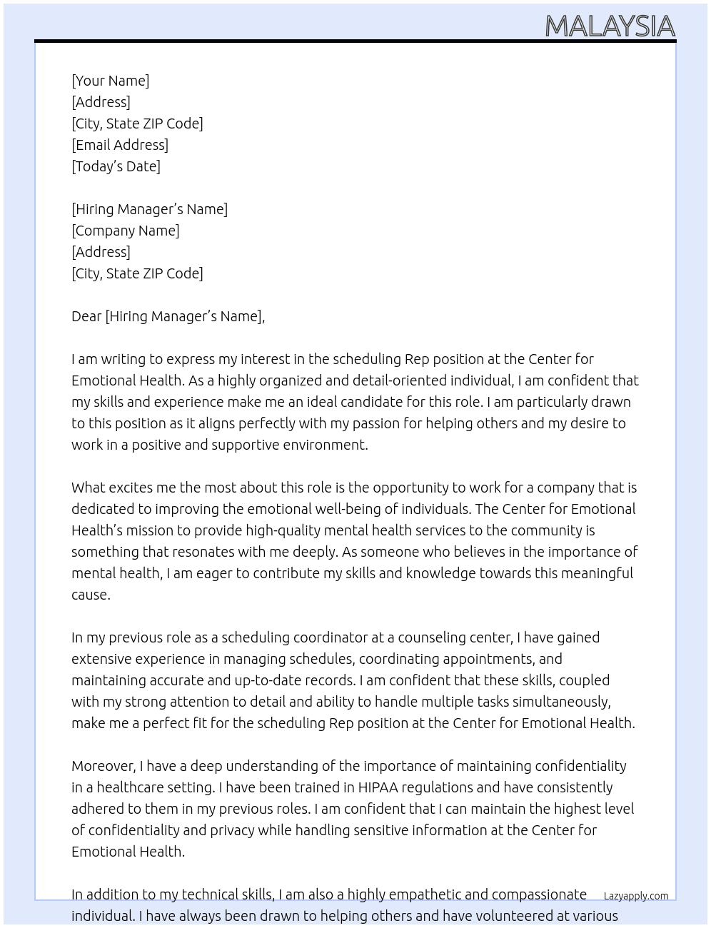 scheduling Rep At center for emotional health Cover Letter