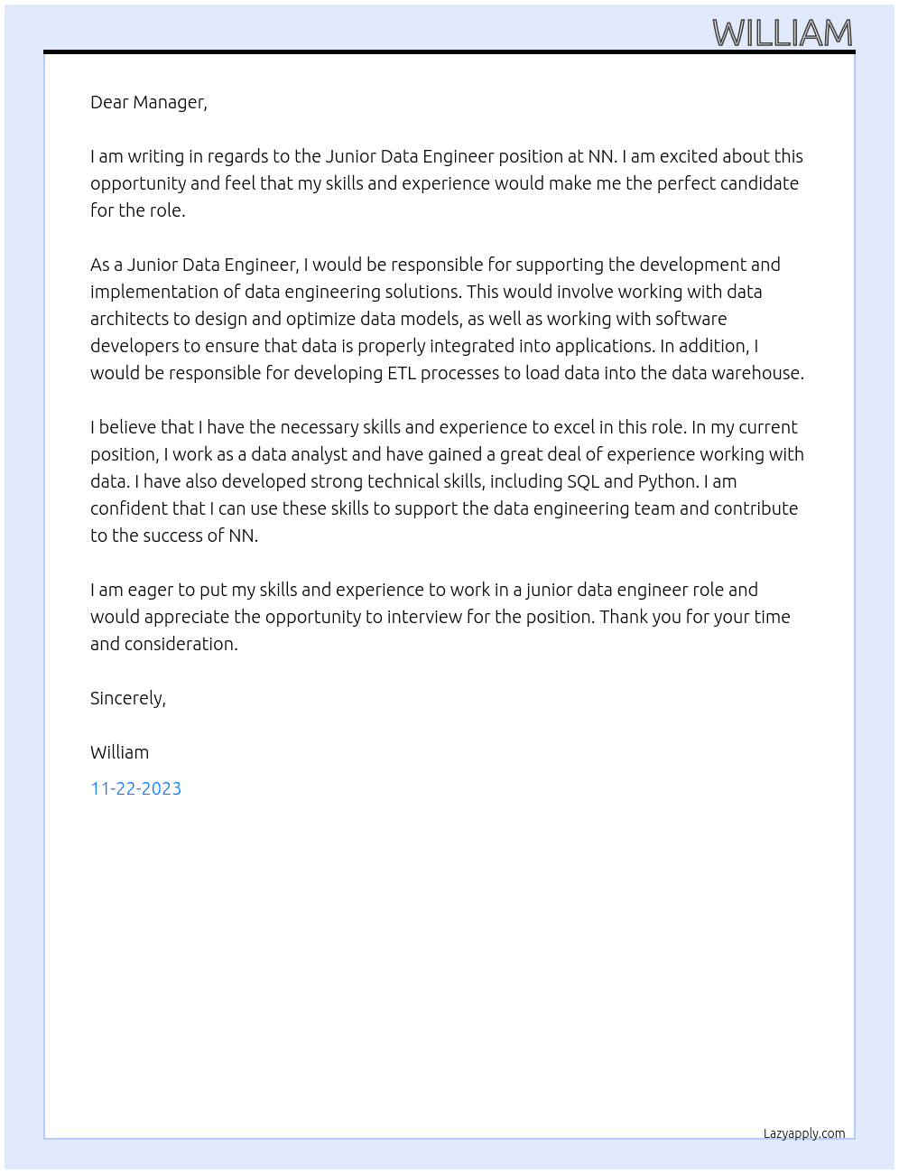 Junior Data Engineer At NN Cover Letter