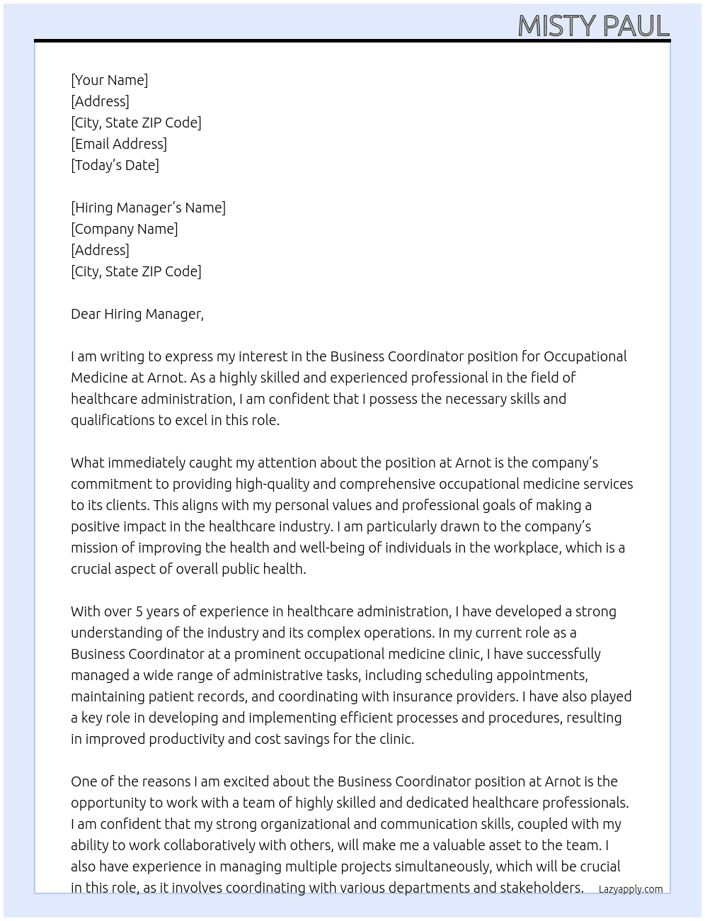 Business Coordinator - Occupational Medicine At Arnot Cover Letter