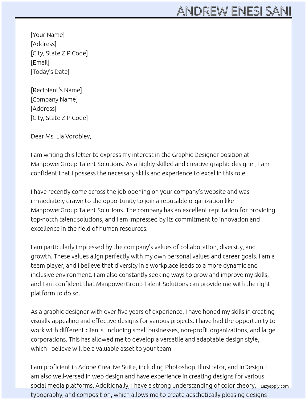 Graphic Designer At ManpowerGroup Talent Solutions Cover Letter