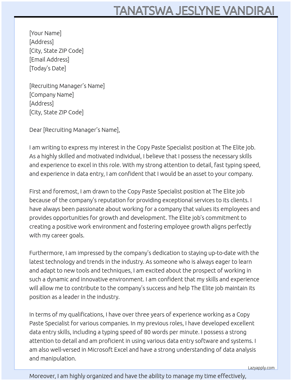 Copy Paste Specialist position At The Elite job Cover Letter
