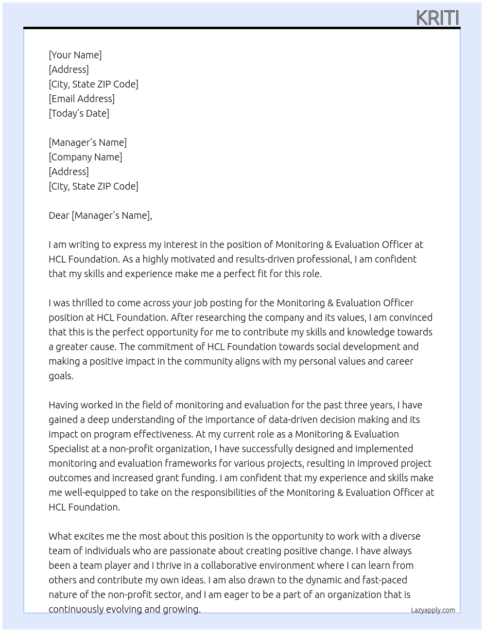 Monitoring & Evaluation Officer At HCL Foundation Cover Letter