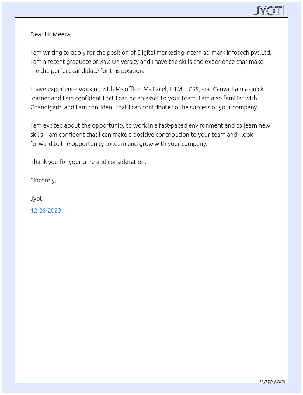 Digital marketing intern  At Imark infotech pvt.Ltd  Cover Letter