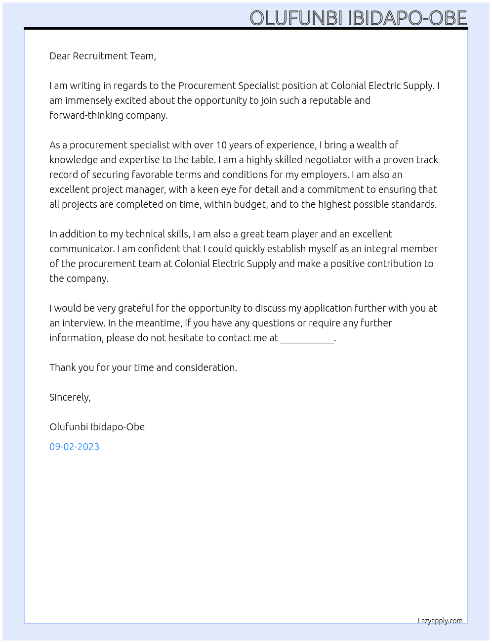 Procurement Specialist At Colonial Electric Supply Cover Letter