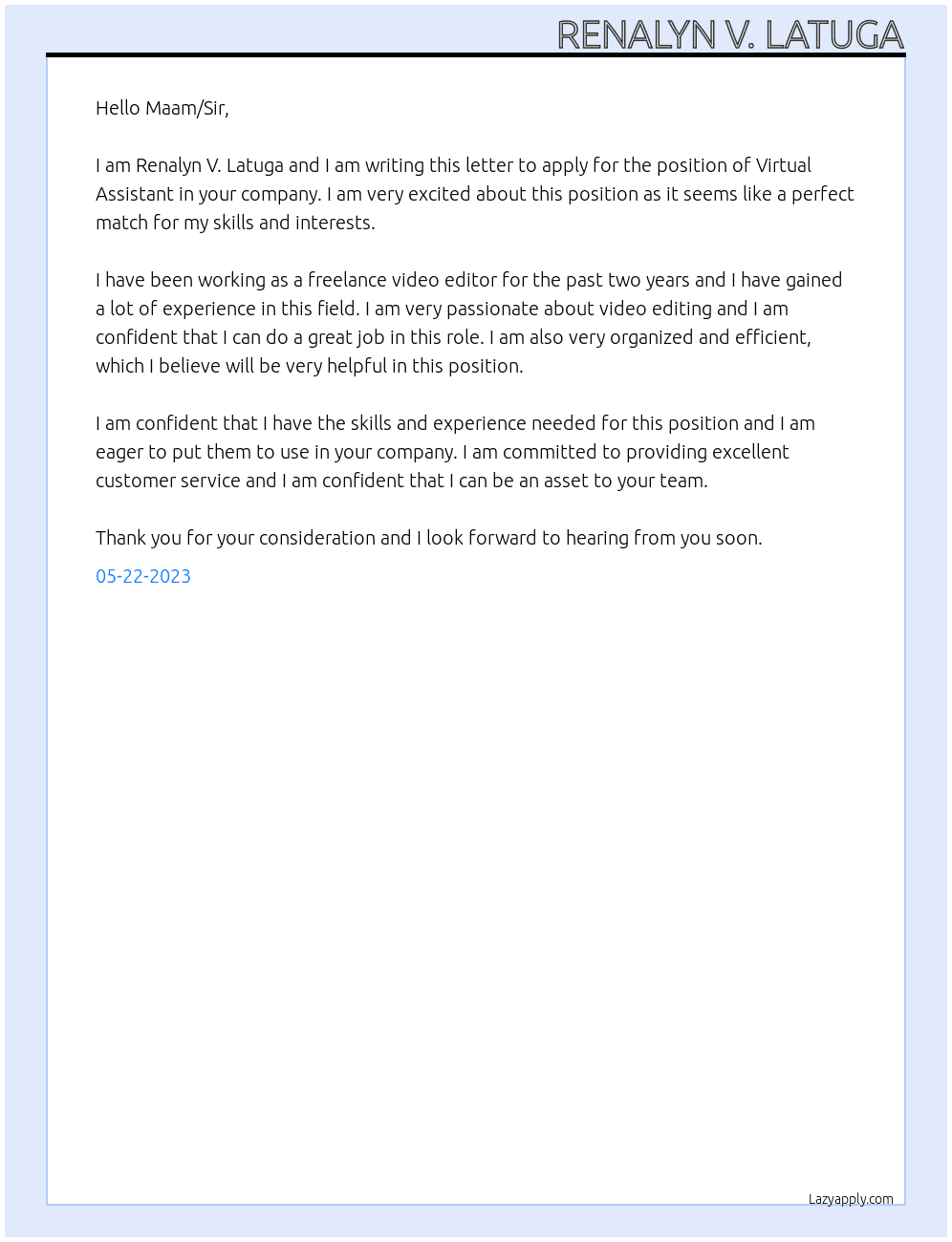 Virtual Assistant At Video Editing  Cover Letter