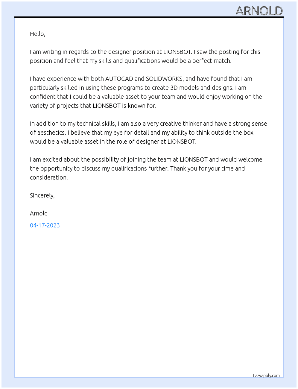 designer At LIONSBOT Cover Letter