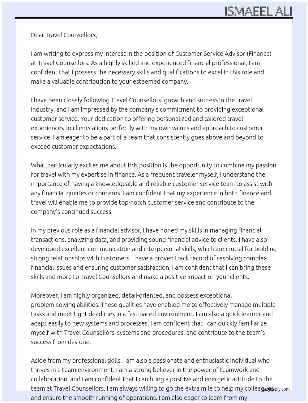 customer service advisor (finance) At Travel counsellors Cover Letter
