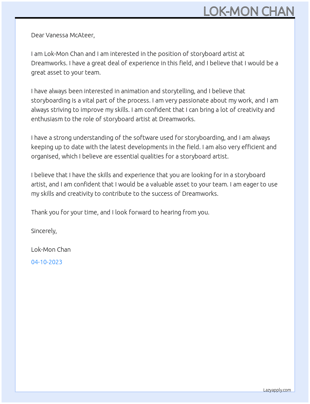 Storyboard Artist At Dreamworks Cover Letter