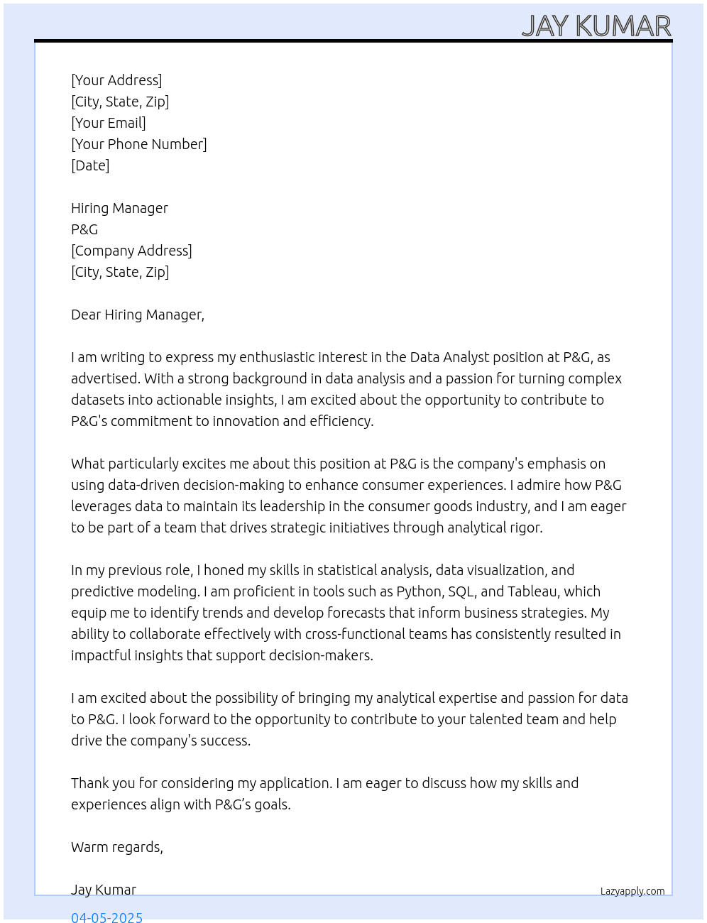 Data Analyst At P&G Cover Letter