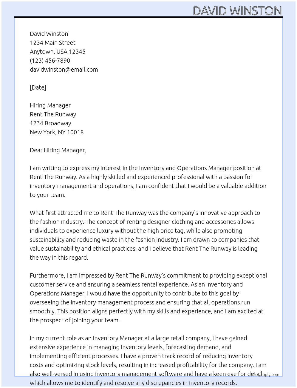 Inventory and Operations Manager At Rent The Runway Cover Letter