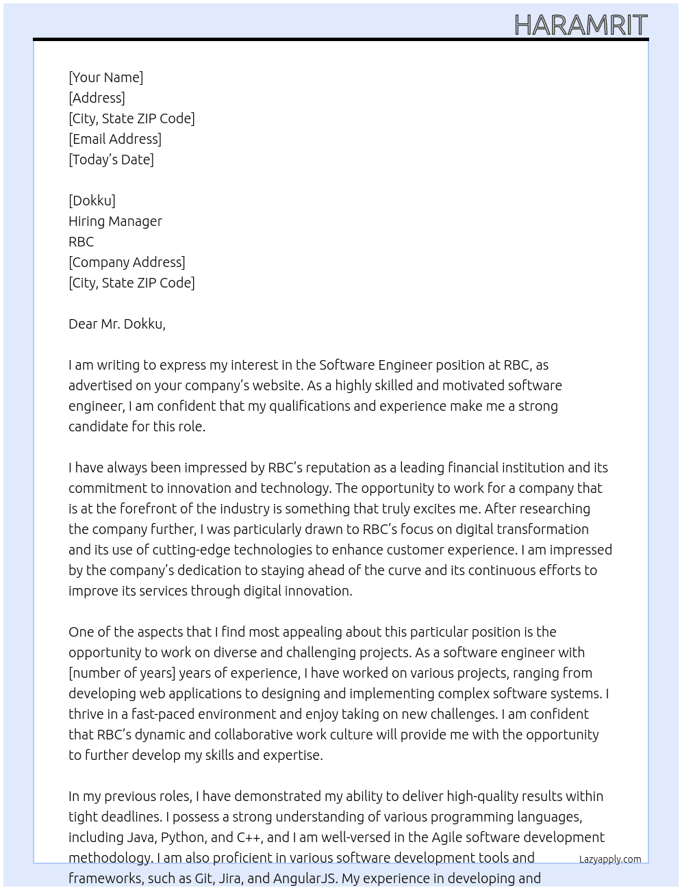 Software Engineer At RBC Cover Letter