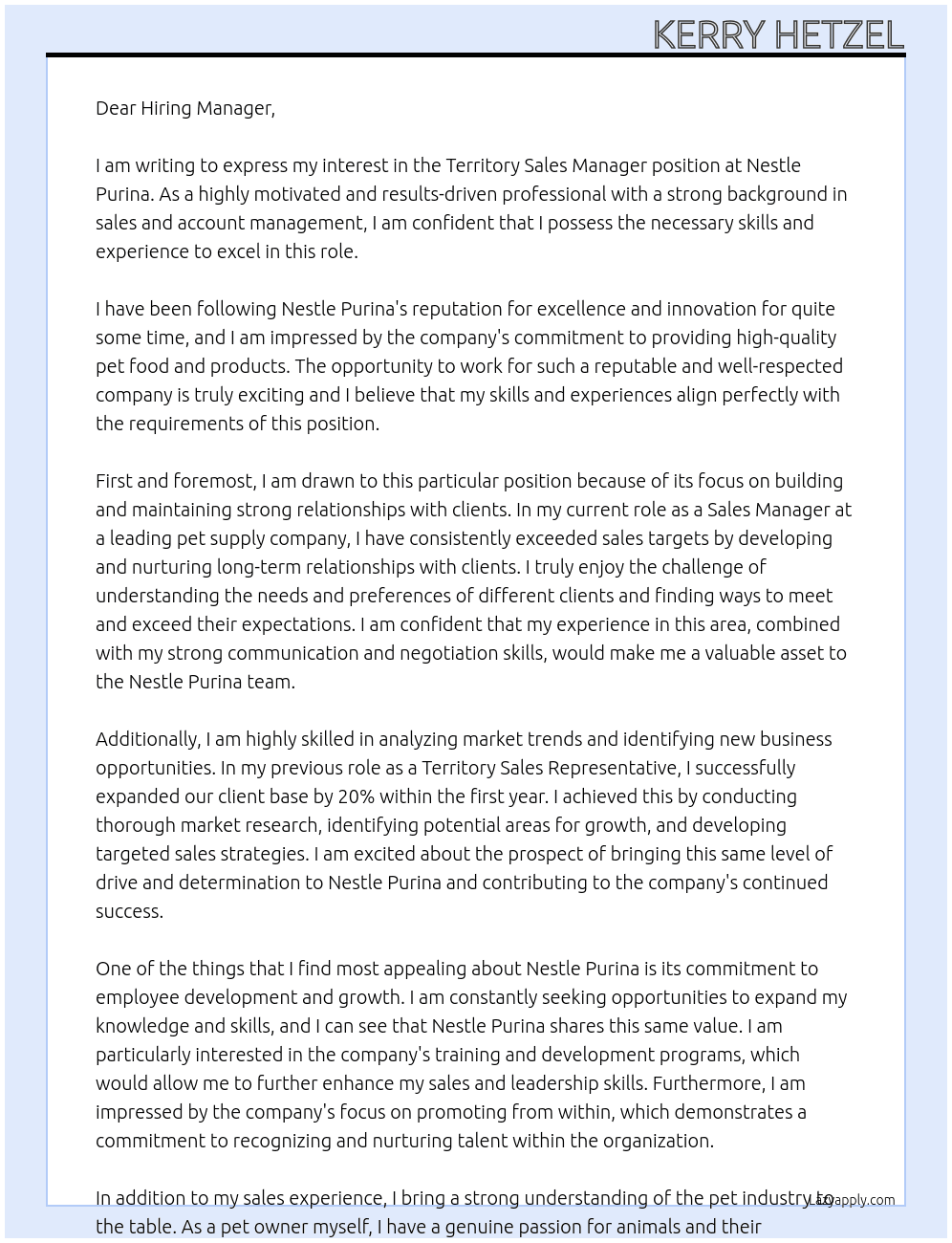 Territory Sales Manager At Nestle Purina Cover Letter