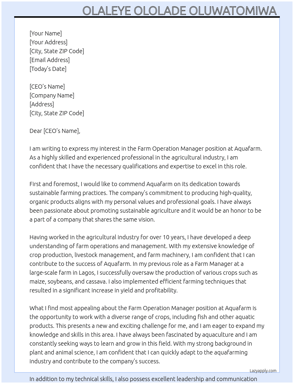 Farm operation manager At Aquafarm Cover Letter