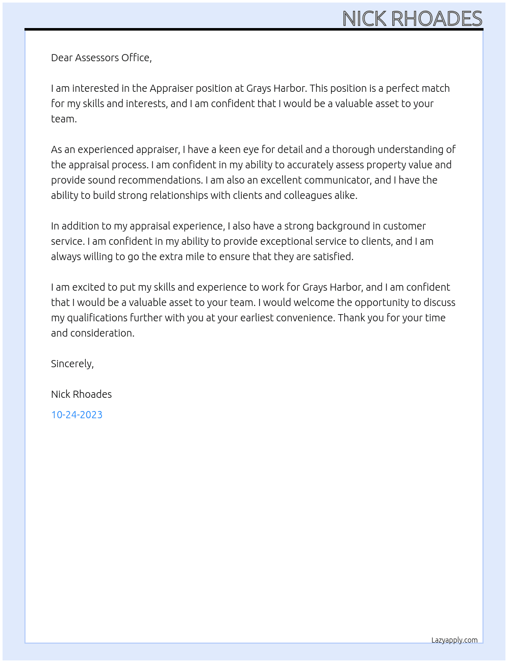 Appraiser  At Grays Harbor  Cover Letter