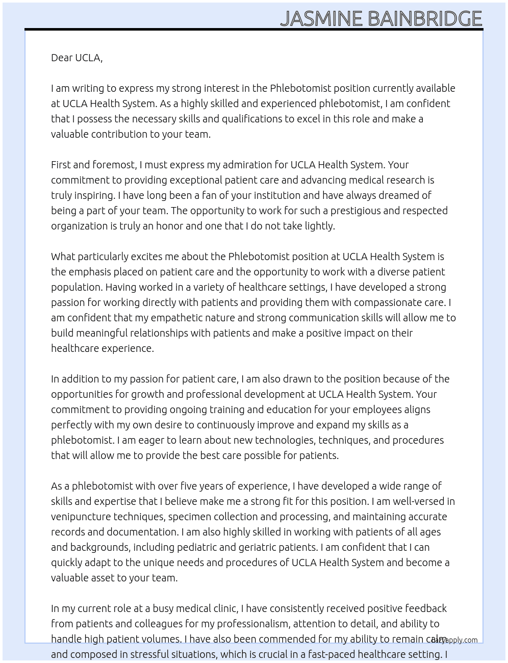 Phlebotomist At UCLA Health System Cover Letter