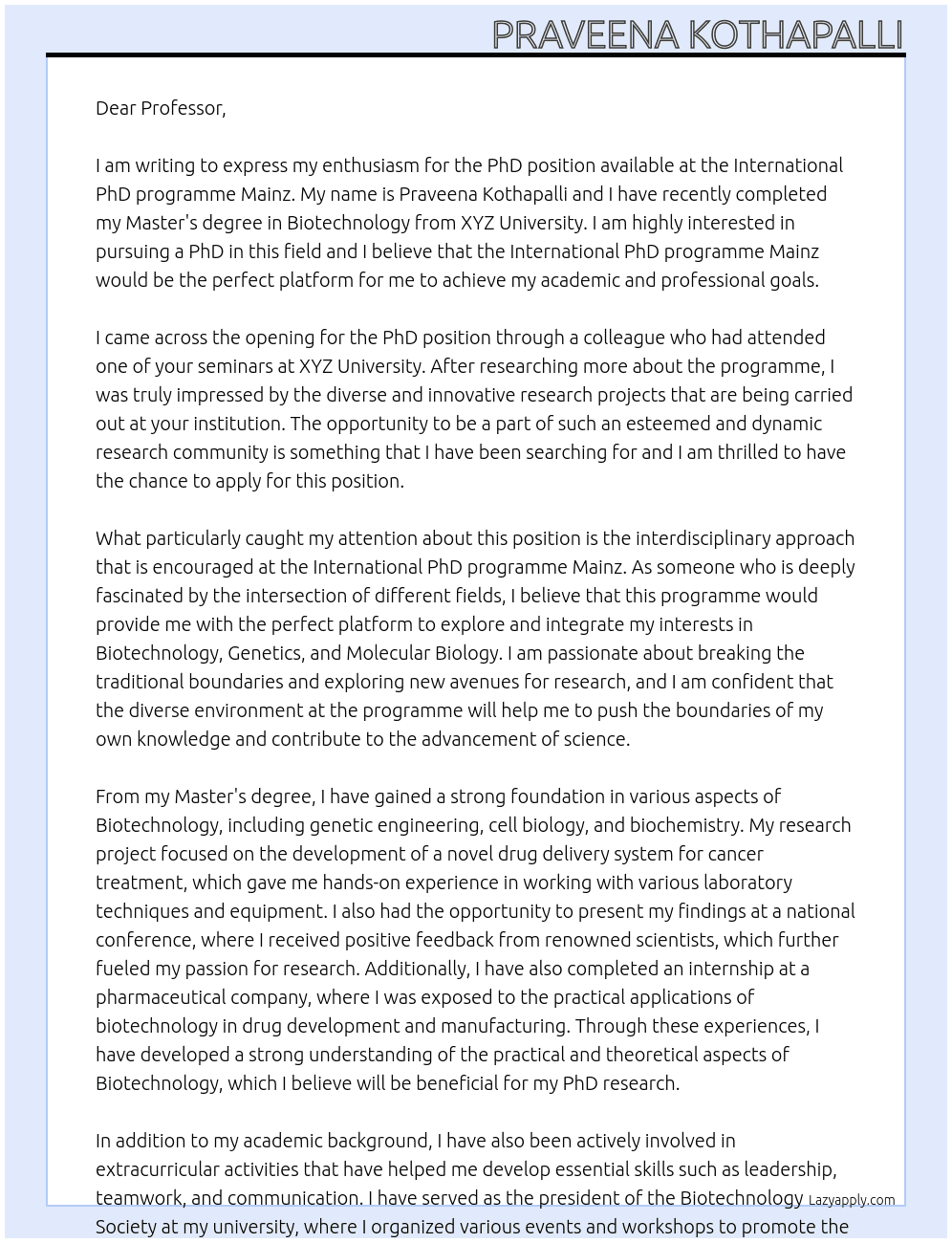 PhD position At International PhD programme Mainz Cover Letter