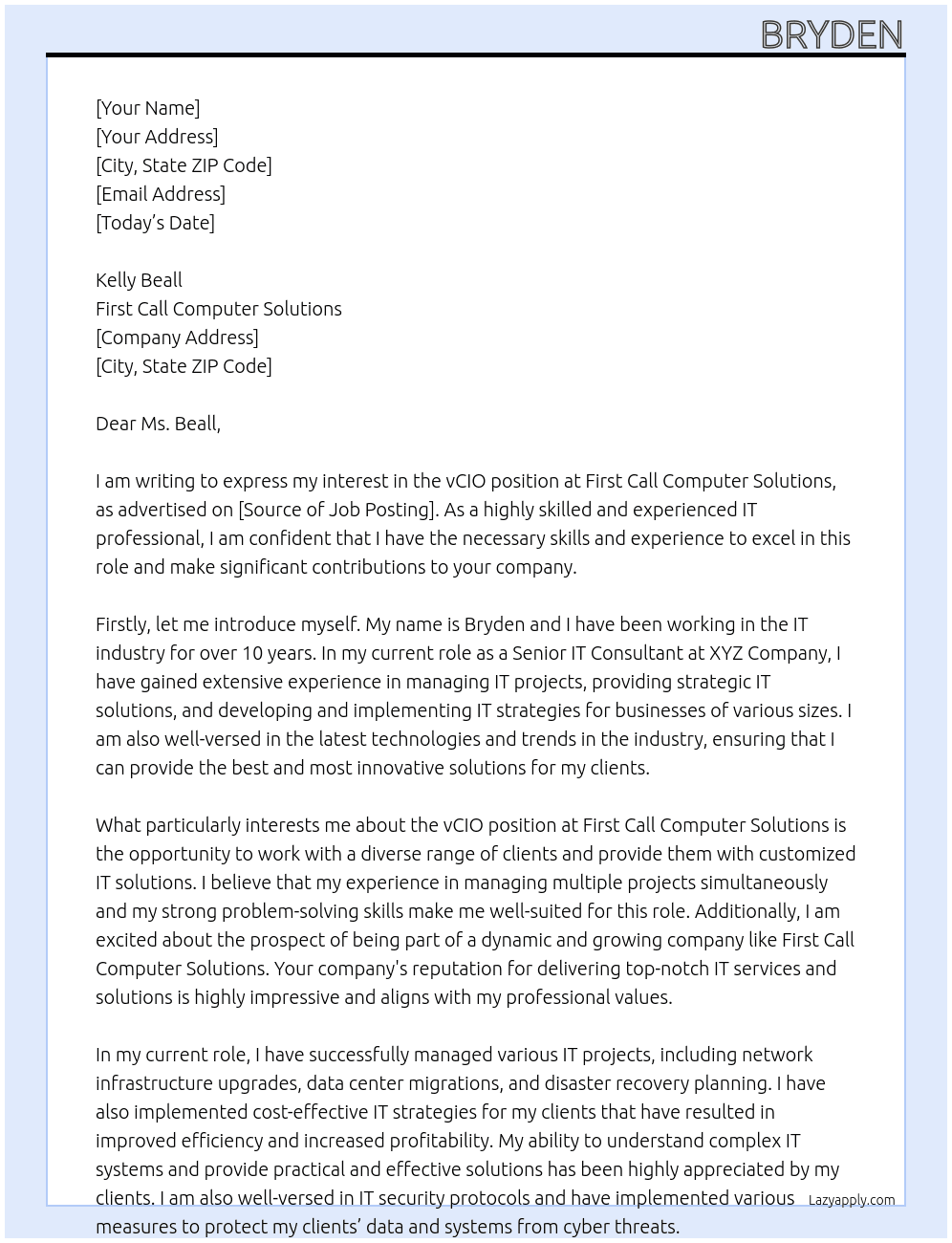 vCIO At First Call Computer Solutions Cover Letter