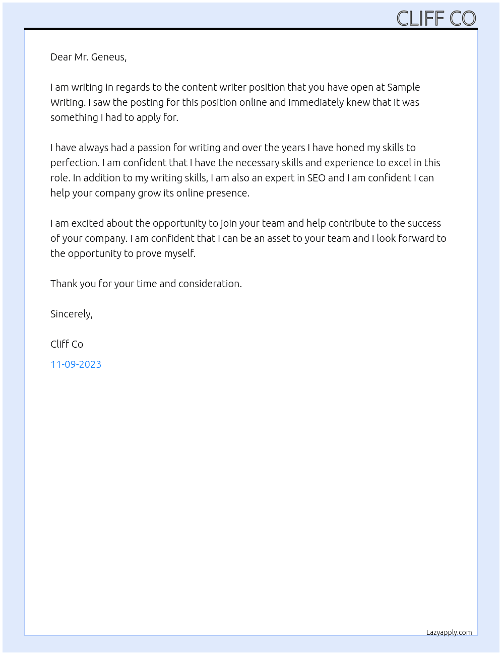 Content Writer At Sample Writing Cover Letter