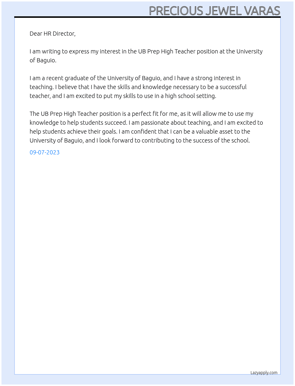 UB Prep High Teacher At University of Baguio Cover Letter