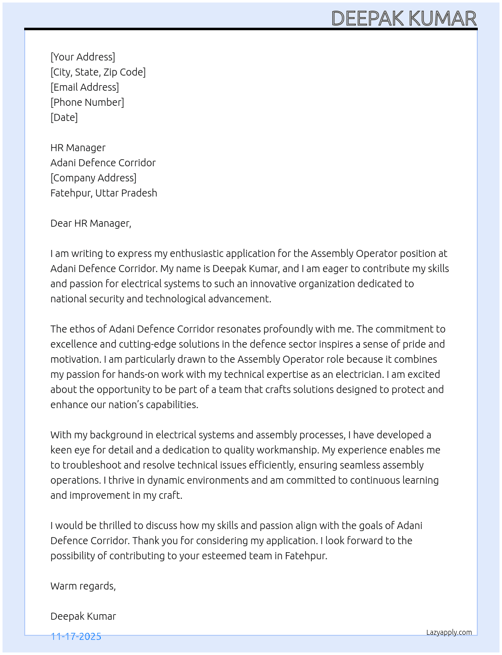 Assembly Operators At Adani Defence  Corridor  Cover Letter
