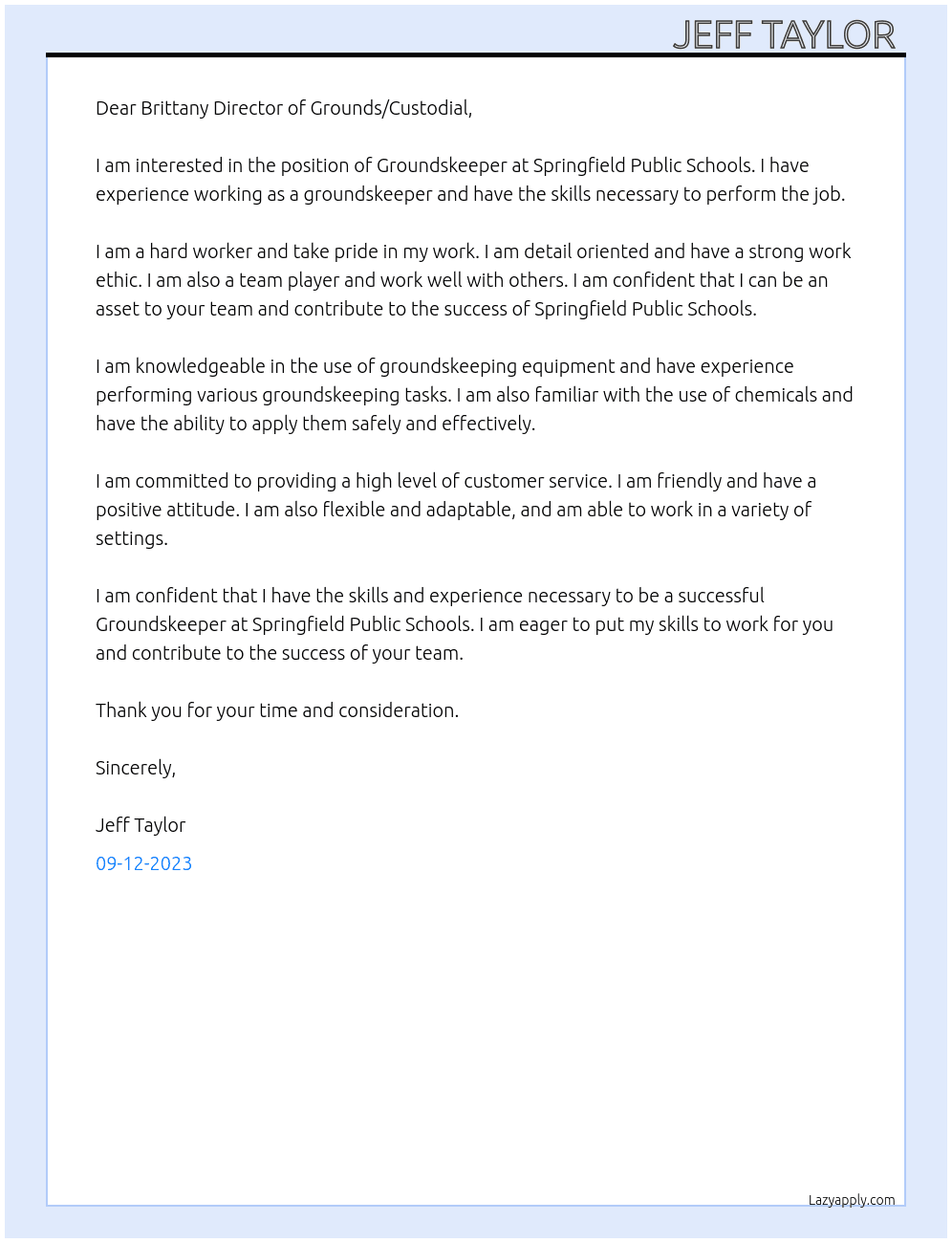 Groundskeeper At Springfield Public Schools Cover Letter
