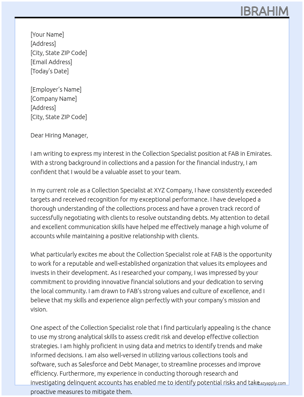 Collection specialist  At FAB Cover Letter