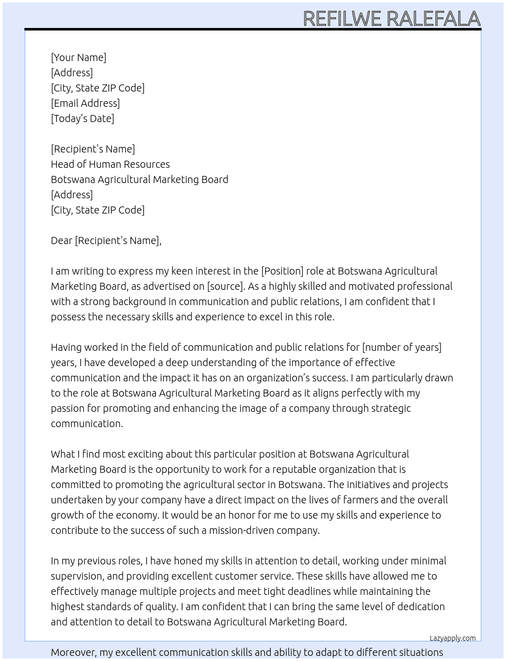 Communication and Public Relations At Botswana Agricultural Marketing Board Cover Letter