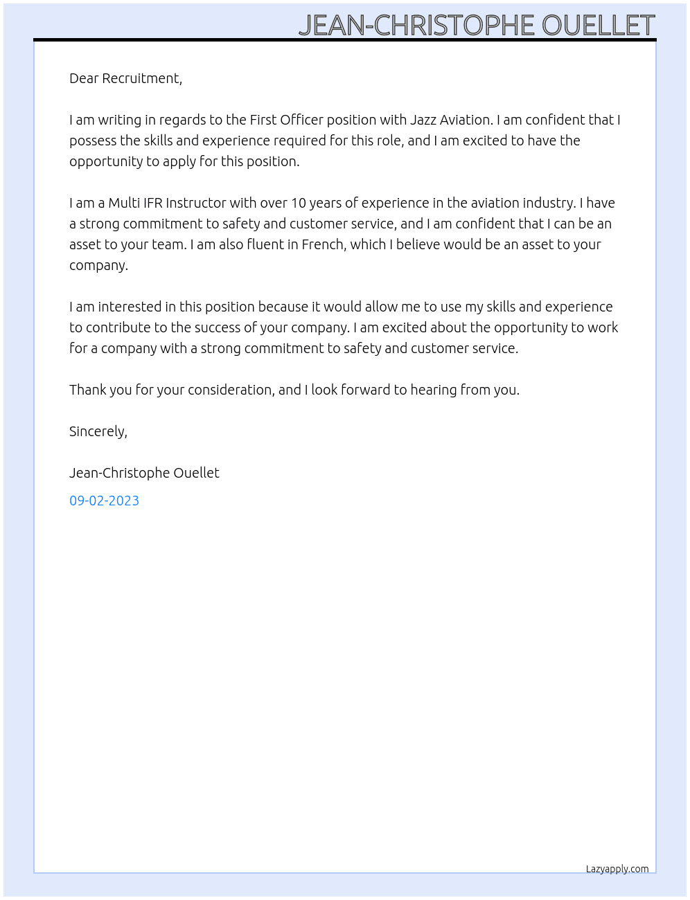 First Officier At Jazz Aviation Cover Letter