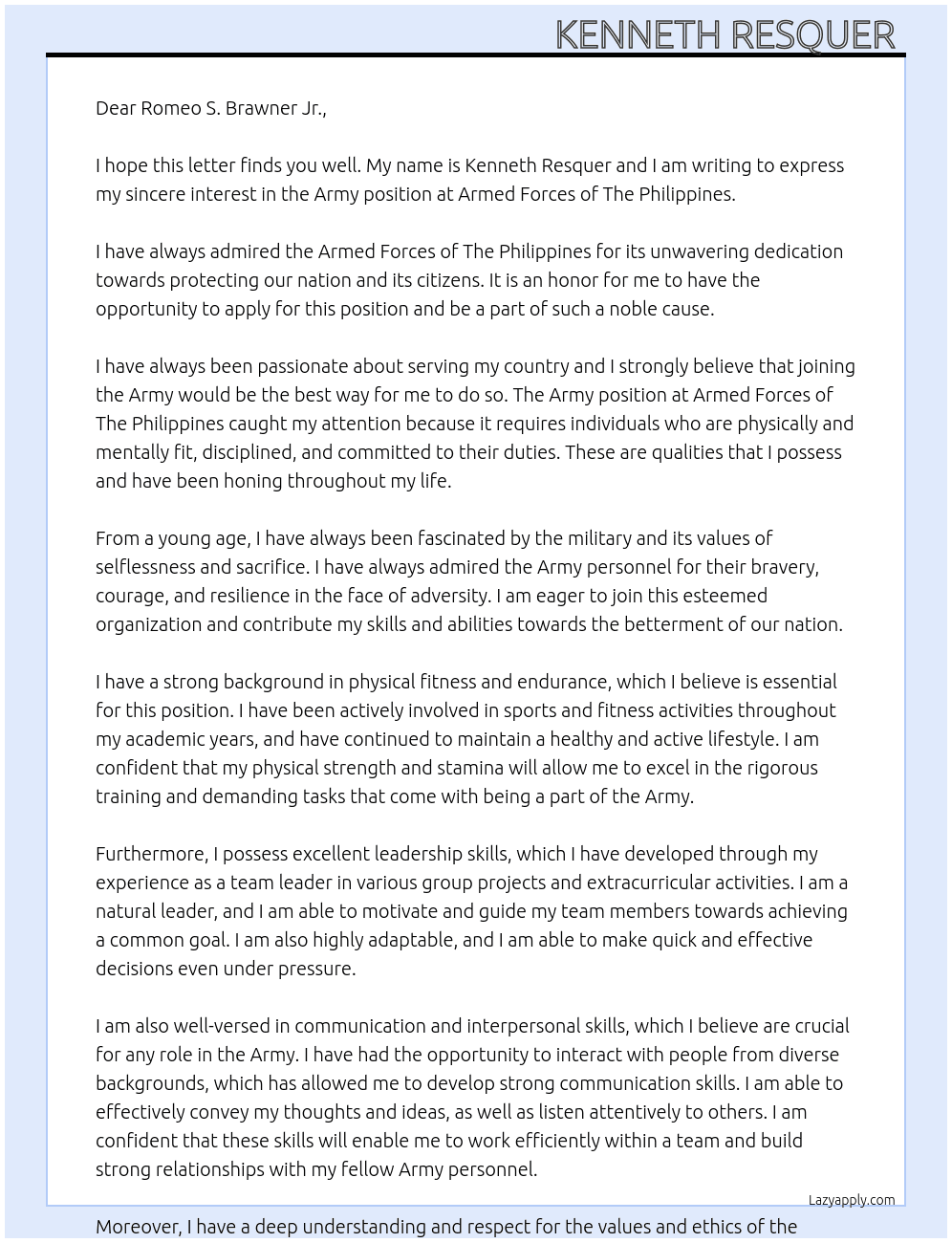 Army At Armed Forces of The Philippines Cover Letter