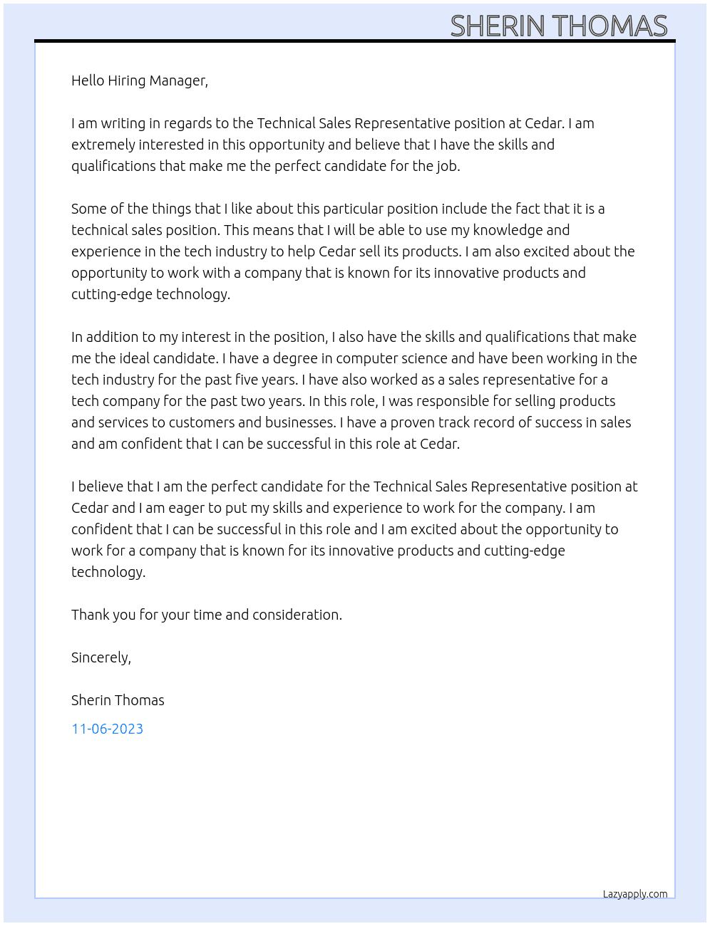 Techical Sales Representative  At Cedar Cover Letter