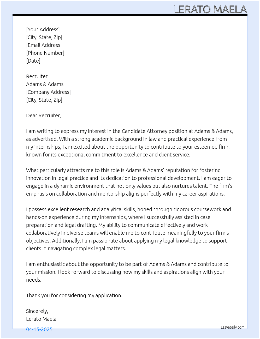 Candidate Attorney At Adams & Adams Cover Letter