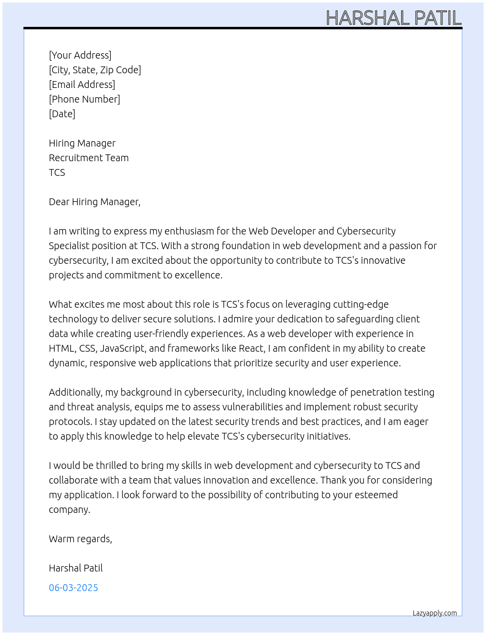 Cover letter for web developer , cybersecurity specialist - LazyApply