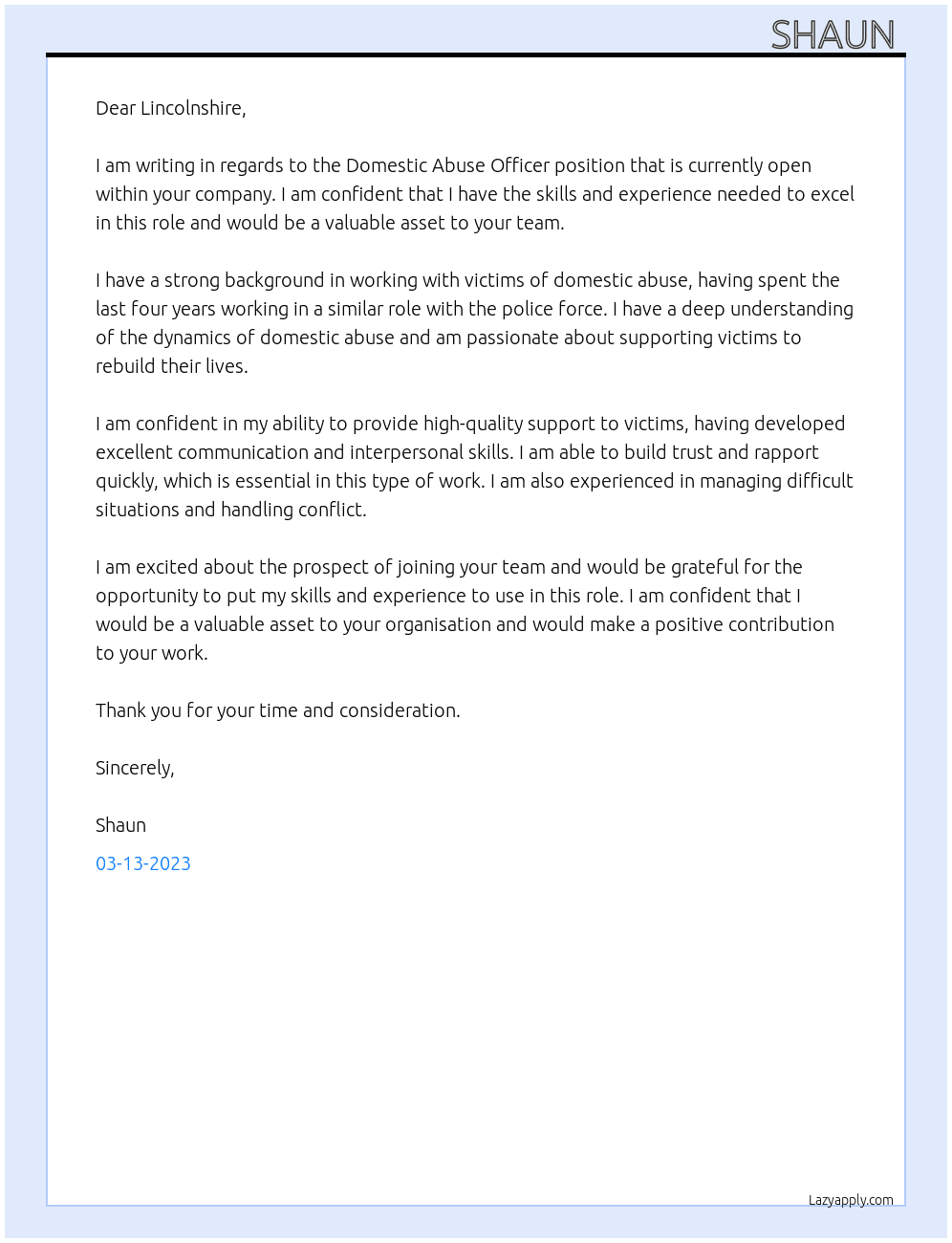 Domestic Abuse Officer At Lincolnshire  Cover Letter