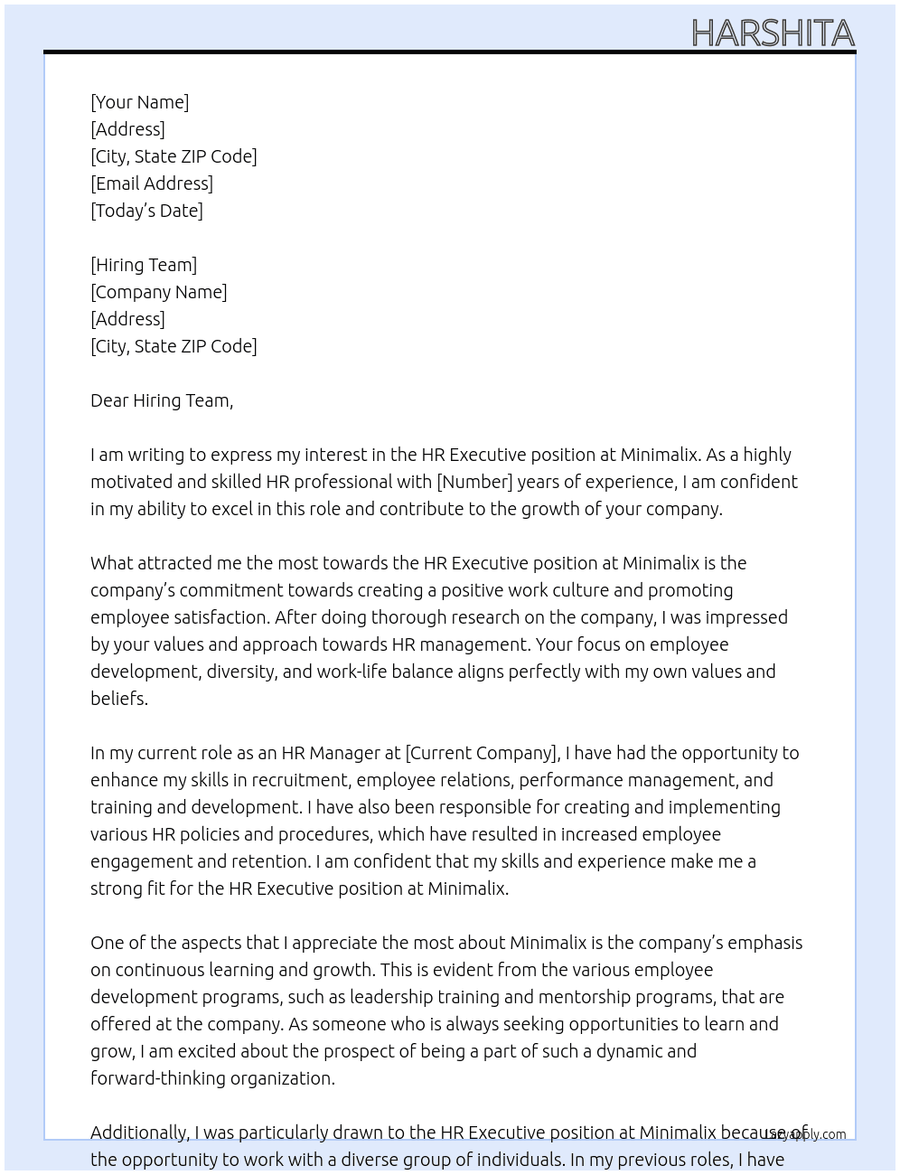HR EXECUTIVE At Minimalix Cover Letter