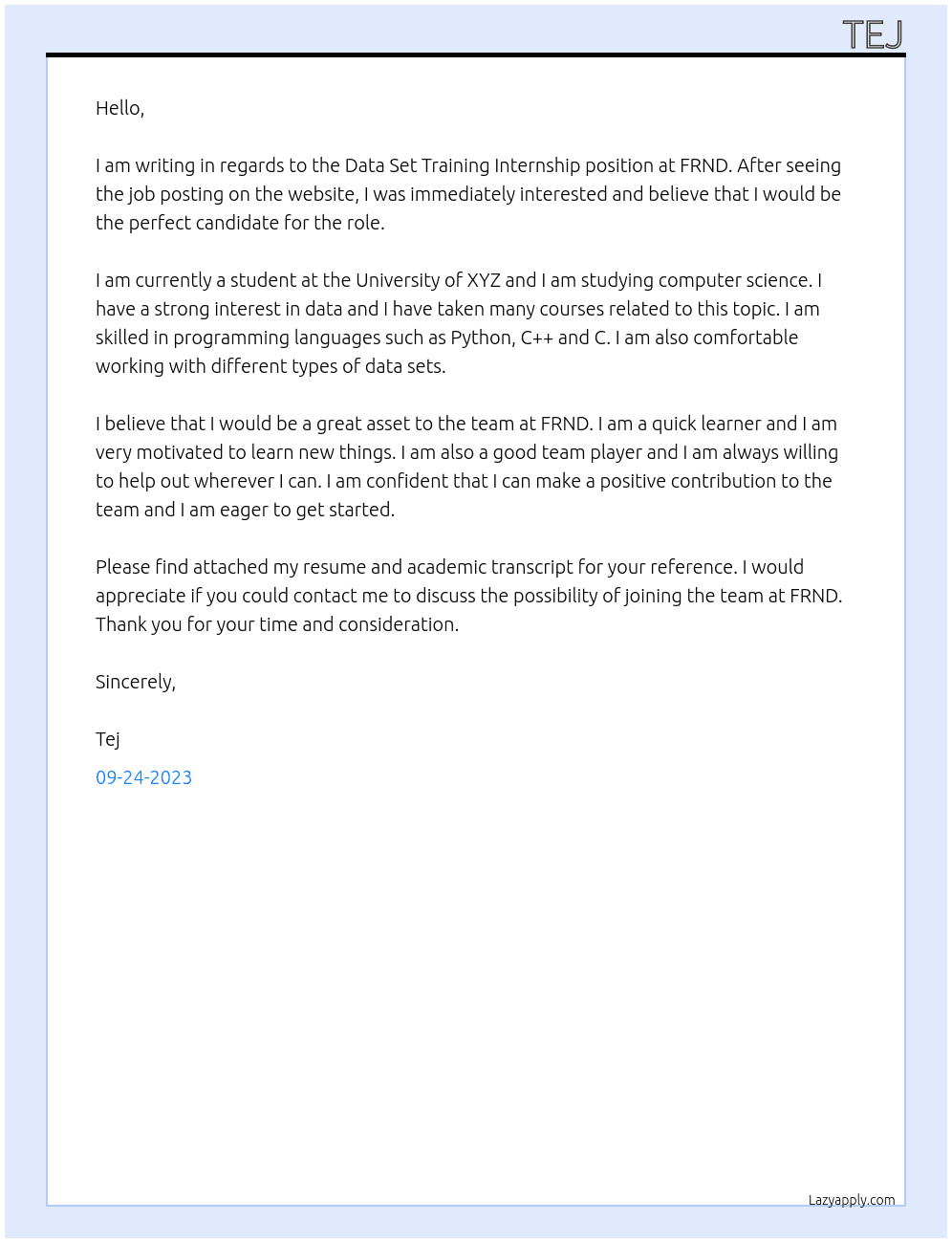 Data Set Training Internship At FRND Cover Letter