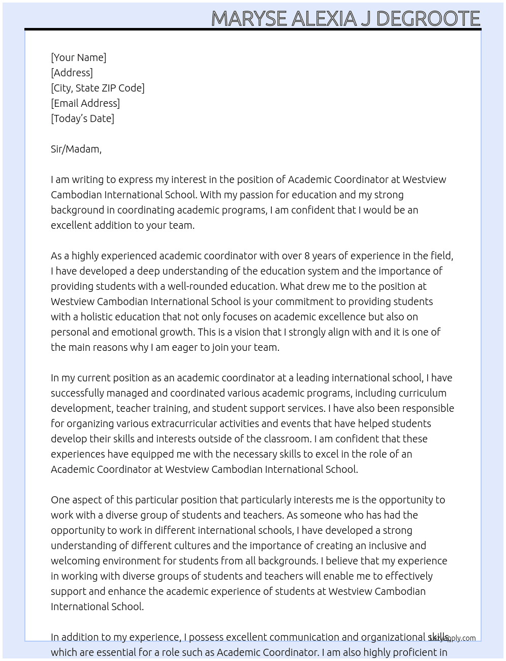 Academic Coordinator At Westview Cambodian International School Cover Letter