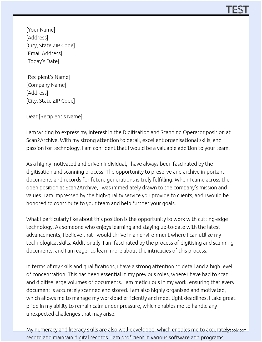 Digitisation and Scanning Operator At Scan2Archive Cover Letter
