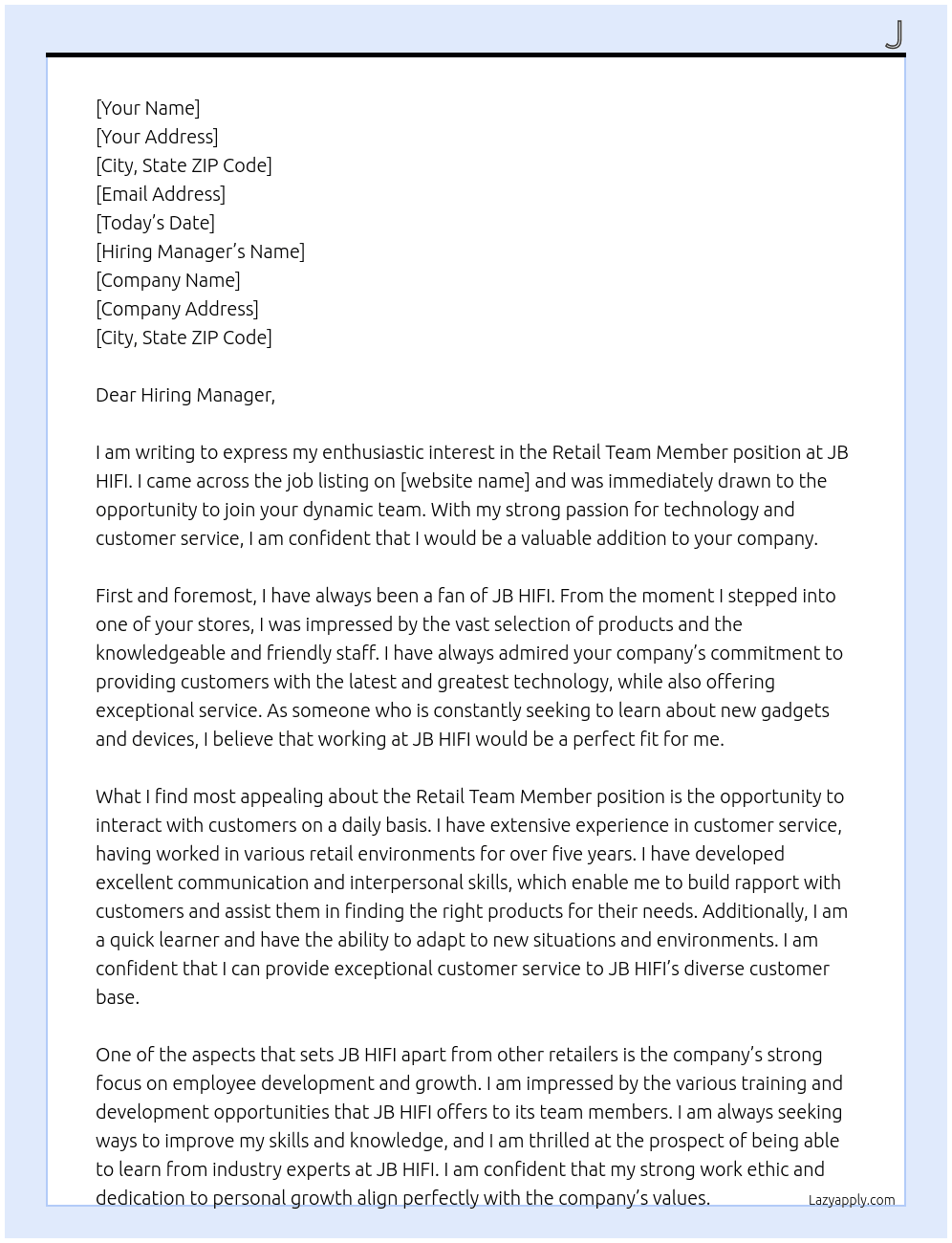 retail team member At JB HIFI Cover Letter