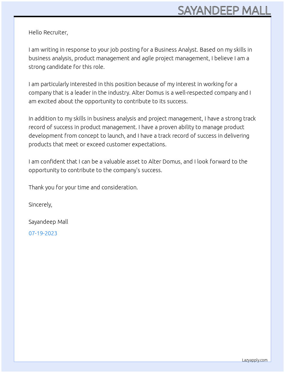 Business Analyst At Alter Domus Cover Letter