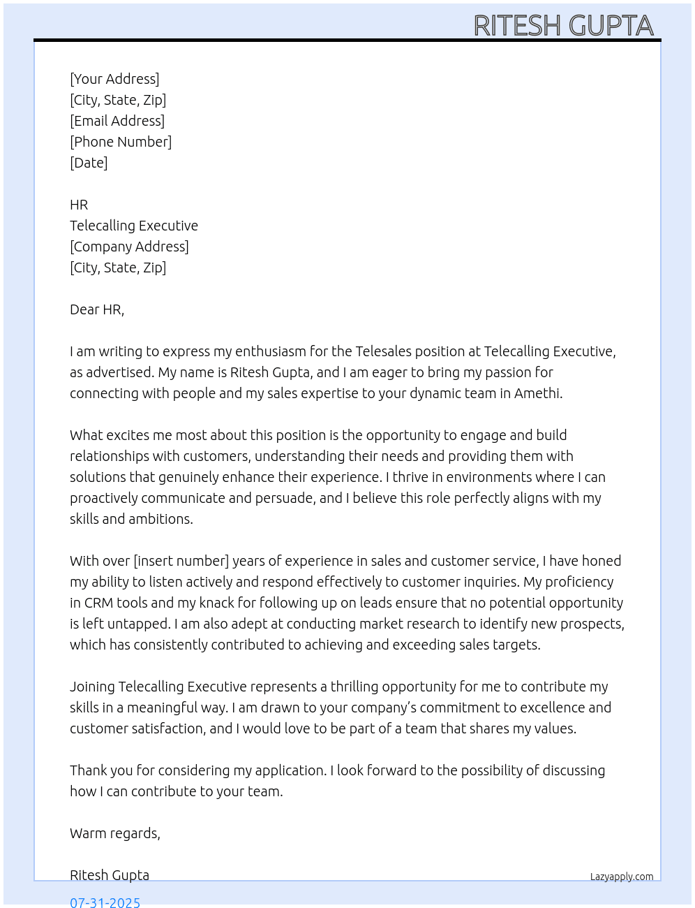 Telesales  At Telecalling executive  Cover Letter