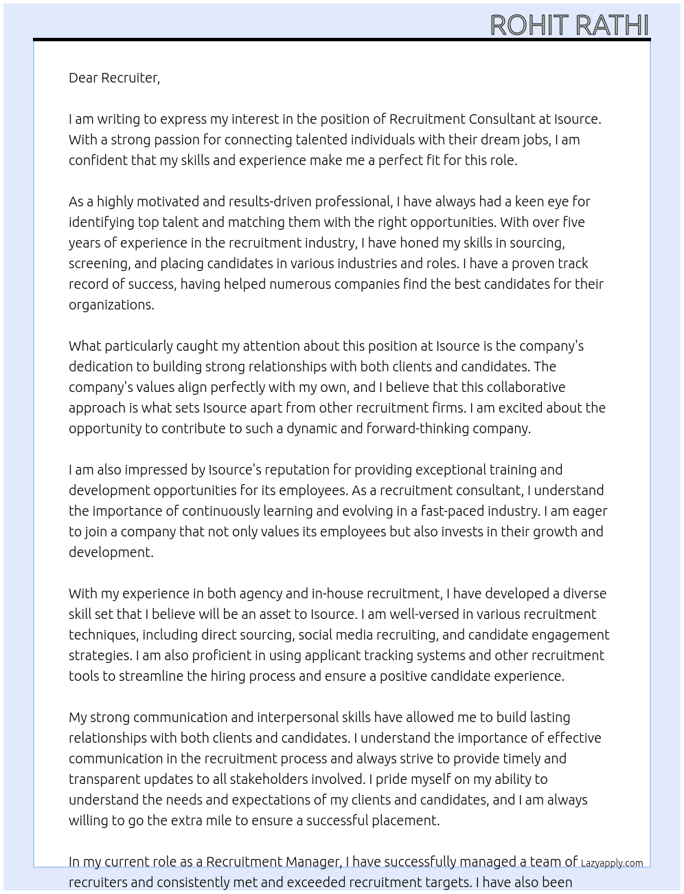 Recruitment Consultant At Isource Cover Letter