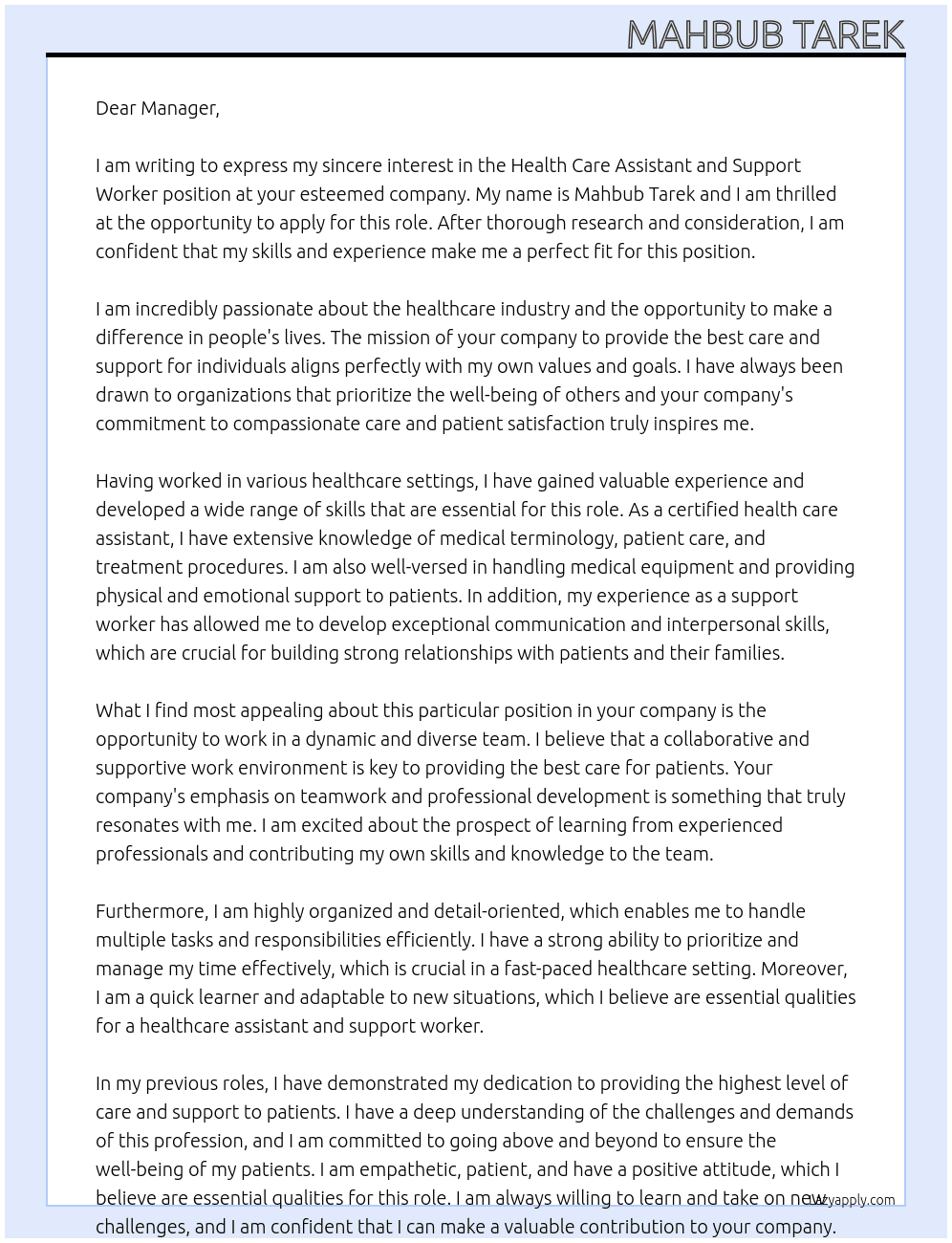 Health care assistant and support worker  At Health care assistant  Cover Letter