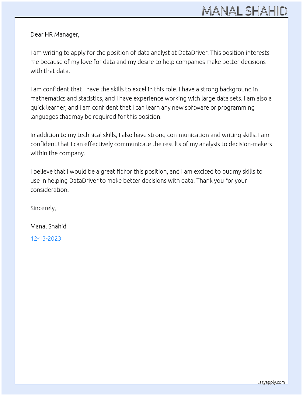 data analyst At DataDriver Cover Letter
