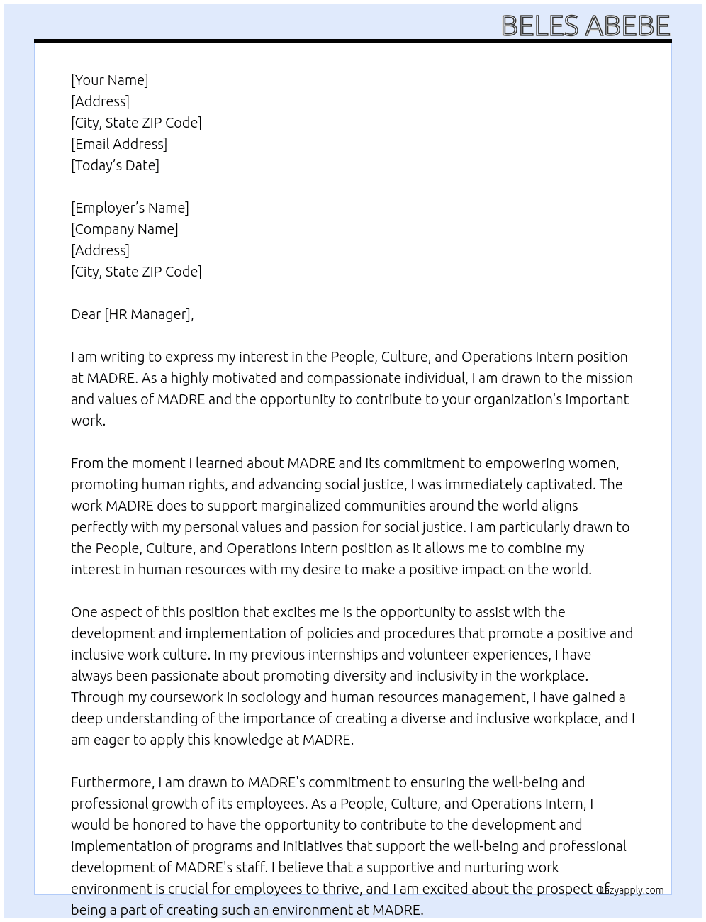 People, Culture, and Operations Intern  At MADRE Cover Letter