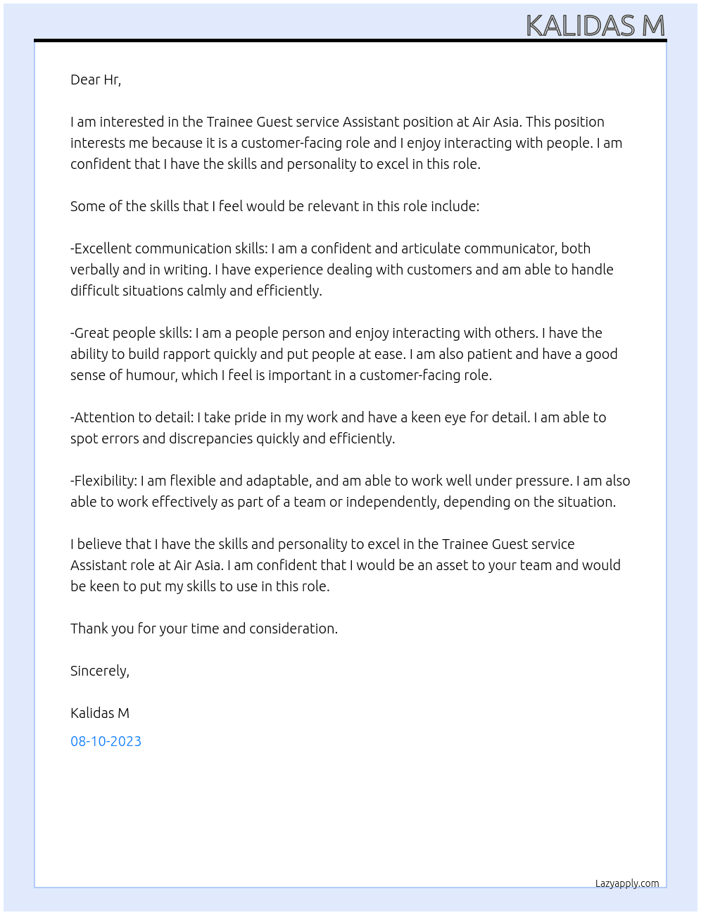 Trainee Guest service Assistant At Air Asia Cover Letter