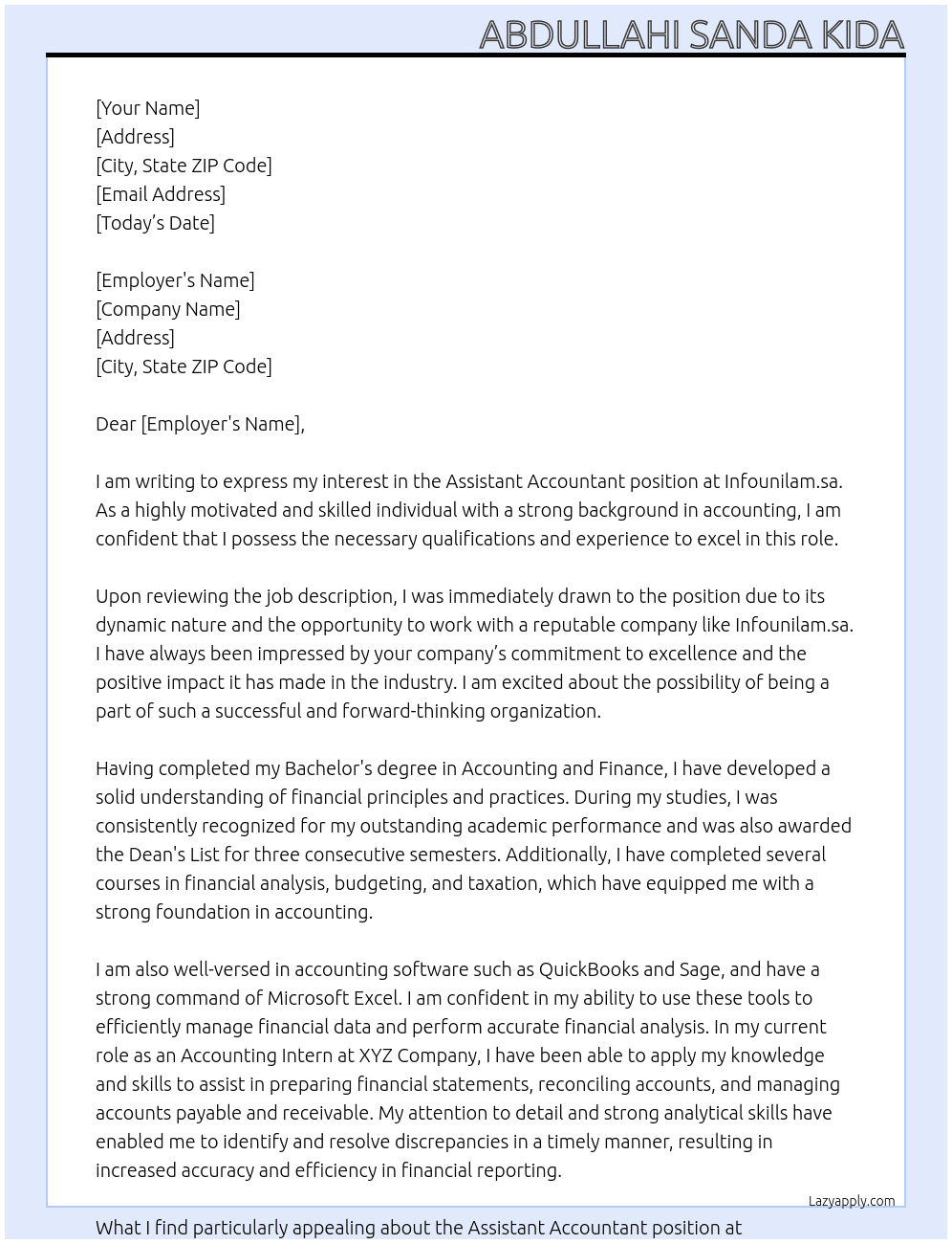 Assistant Accountant At infounilam.sa Cover Letter