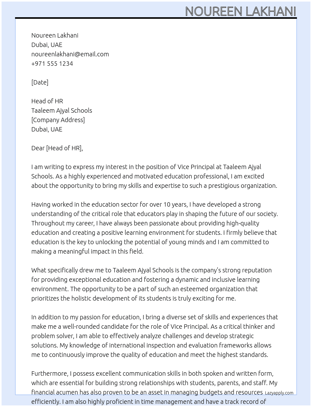 Vice principal At Taaleem Ajyal schools Cover Letter
