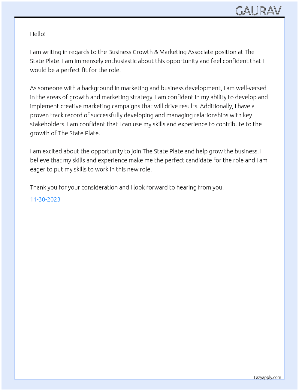 Business Growth & Marketing Associate At The State Plate Cover Letter