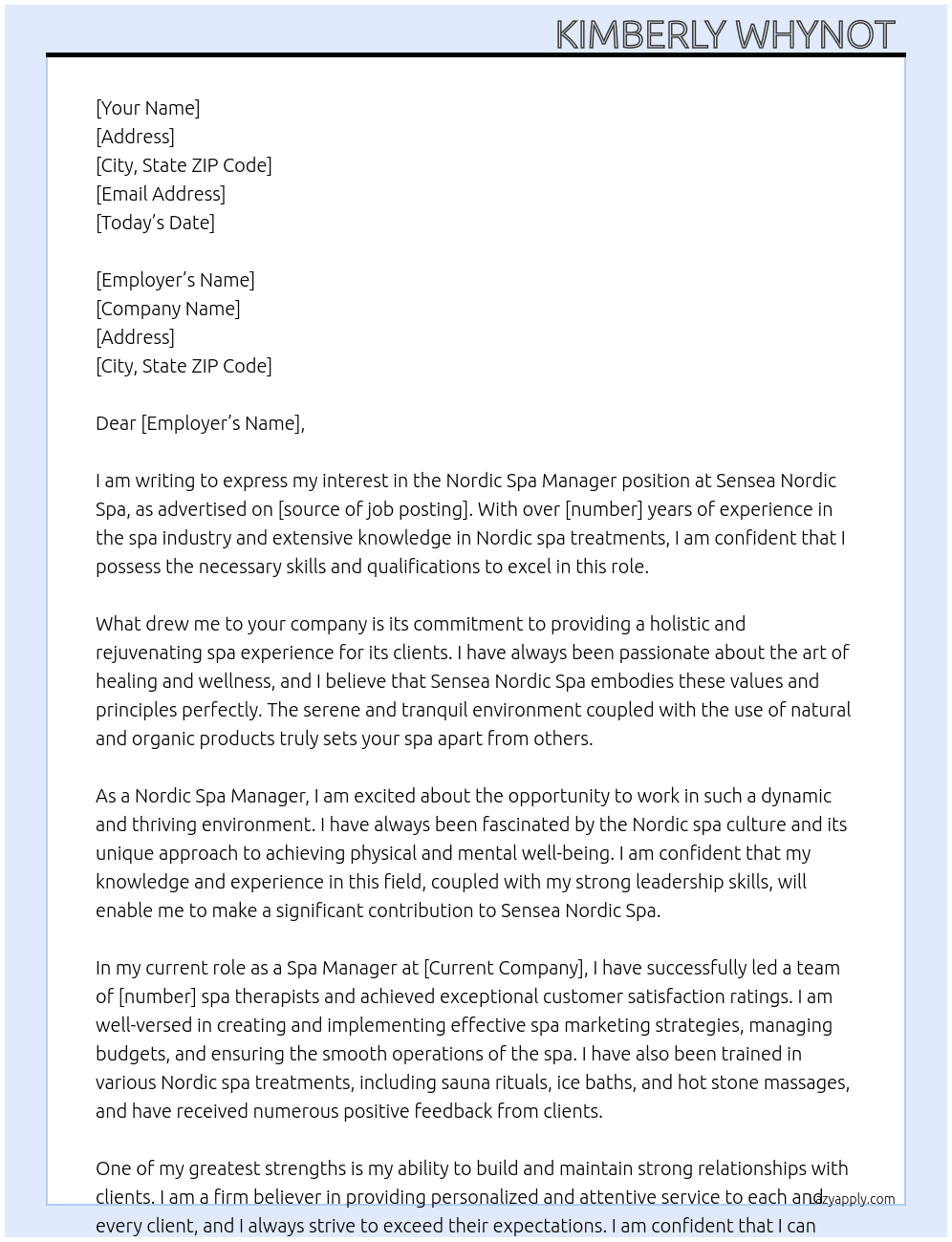 Nordic Spa Manager  At Sensea Nordic Spa  Cover Letter